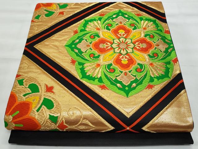 平和屋着物◎西陣 六通柄袋帯 唐織 正倉院花文 黒地 金糸 正絹 逸品 CABG5014fb