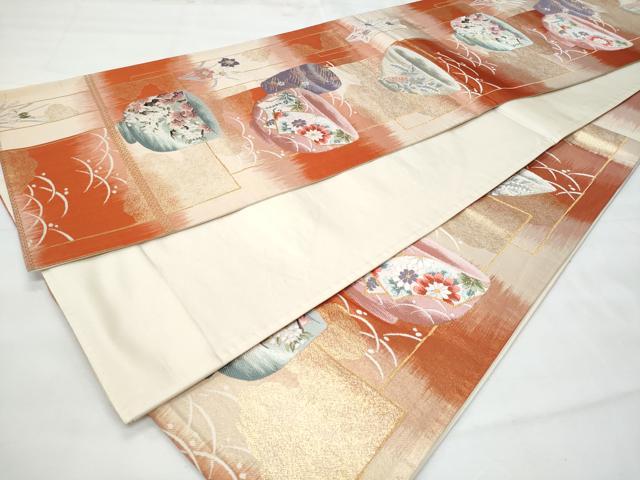 平和屋着物◎六通柄袋帯 唐織 陶器草花文 金糸 正絹 逸品 CABG5045fb