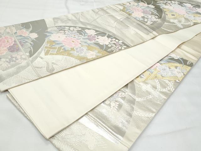 平和屋着物◎六通柄袋帯 京どんす 立波籬草花文 プラチナ箔二重織 正絹 逸品 CABG5053fb