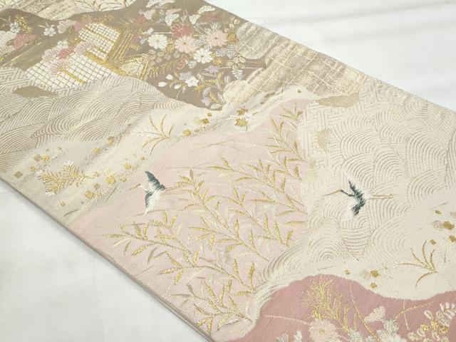 平和屋着物◎六通柄袋帯 風景花文 金銀糸 正絹 逸品 CABG5073fb