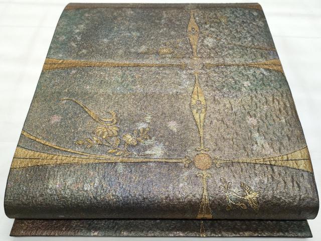 平和屋着物◎六通柄袋帯 幾何学花文 金糸 正絹 逸品 CABG5106fb