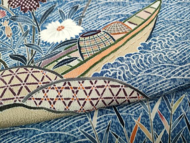 平和屋着物●訪問着 作家物 刺繍 飛鳥風景舟草花文 正絹 逸品 CABG5215ut