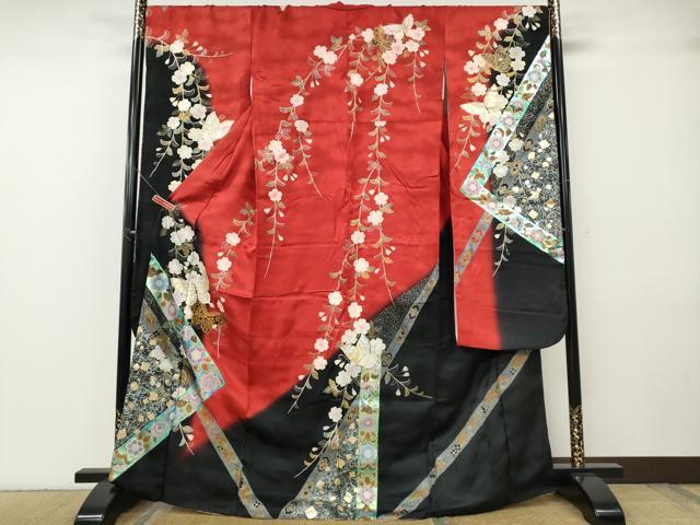 平和屋着物●世界的ファッションデザイナー 山本寛斎 kansaiブランド 振袖 舞蝶花文 暈し染め 金銀彩 正絹 逸品 CABG5221ut