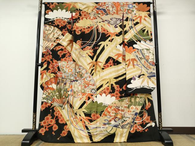 平和屋本店●アンティーク 大正ロマン 振袖 駒刺繍 檜扇松竹梅文 黒地 金彩 正絹 逸品 CABG5231ut