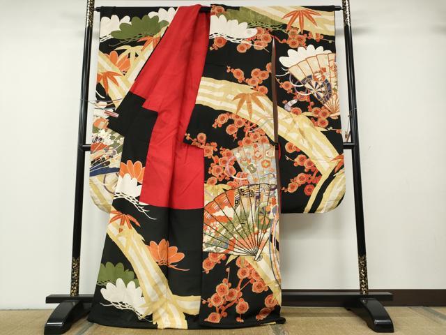 平和屋本店●アンティーク 大正ロマン 振袖 駒刺繍 檜扇松竹梅文 黒地 金彩 正絹 逸品 CABG5231ut