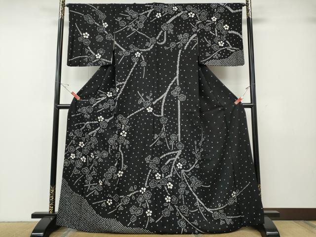平和屋着物●訪問着 絞り 枝花文 黒地 正絹 逸品 CABG5235ut