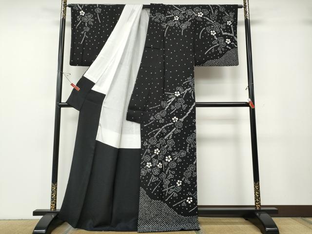 平和屋着物●訪問着 絞り 枝花文 黒地 正絹 逸品 CABG5235ut