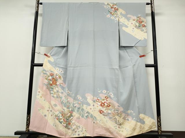 平和屋着物●訪問着 駒刺繍 絞り エ霞草花文 金彩 正絹 逸品 CABG5240ut