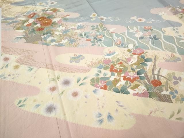 平和屋着物●訪問着 駒刺繍 絞り エ霞草花文 金彩 正絹 逸品 CABG5240ut