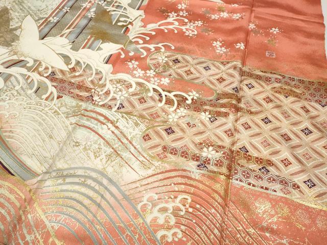 平和屋着物●世界的ファッションデザイナー 山本寛斎 kansaiブランド 振袖 駒刺繍 立波飛鶴文 暈し染め 金銀彩 逸品 CABG5249ut