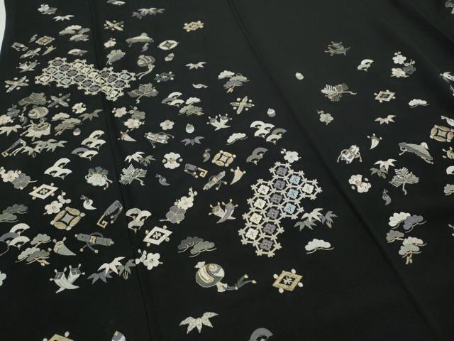 平和屋着物●訪問着 総刺繍 宝尽くし吉祥花文 黒地 金糸 正絹 逸品 CABG5255ut