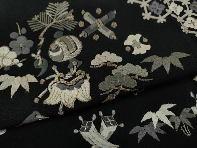 平和屋着物●訪問着 総刺繍 宝尽くし吉祥花文 黒地 金糸 正絹 逸品 CABG5255ut