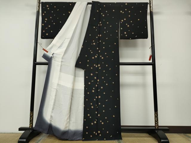 平和屋着物●上質な小紋 舞桜文 黒地 正絹 逸品 CABG5268ut