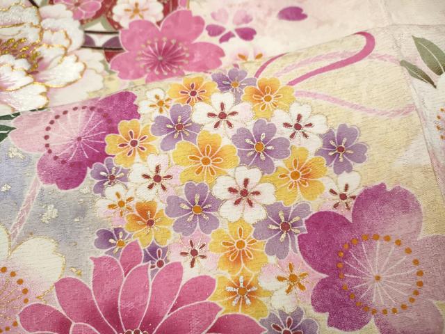 平和屋着物●豪華振袖 駒刺繍 花鞠文 暈し染め 金通し地 正絹 逸品 CABG5291ut