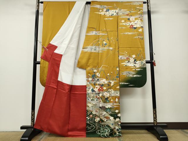 平和屋着物●豪華振袖 駒刺繍 流水草花文 暈し染め 金銀彩 正絹 逸品 CABG5292ut