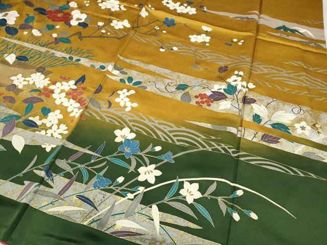 平和屋着物●豪華振袖 駒刺繍 流水草花文 暈し染め 金銀彩 正絹 逸品 CABG5292ut