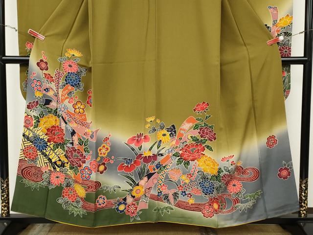 平和屋着物●豪華振袖 型染め 束ね熨斗流水花文 暈し染め 正絹 逸品 CABG5293ut