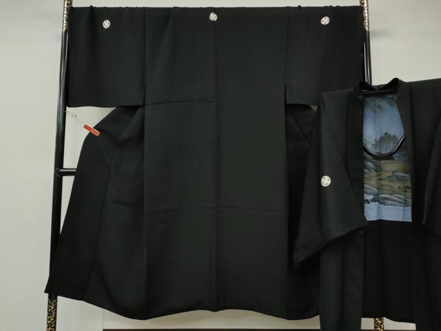平和屋着物●男性 黒紋付・羽織セット 羽裏:風景文 キングサイズ 正絹 逸品 CABG5296ut