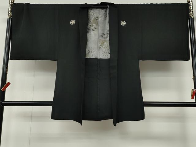 平和屋着物●男性 黒紋付・羽織セット 羽裏:枝松葉 鷹 キングサイズ 正絹 逸品 CABG5297ut
