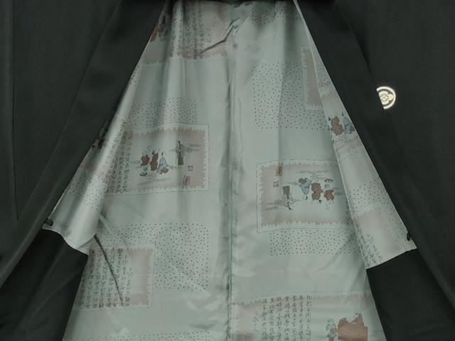 平和屋着物●男性 黒紋付・羽織セット 羽裏:人物風景文 キングサイズ 正絹 逸品 CABG5299ut