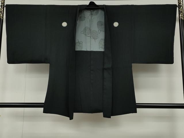 平和屋着物●男性 黒紋付・羽織セット 羽裏:仕覆文 正絹 逸品 CABG5302ut