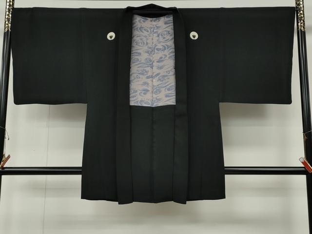 平和屋着物●男性 黒紋付・羽織セット 羽裏:立波文 正絹 逸品 CABG5324ut