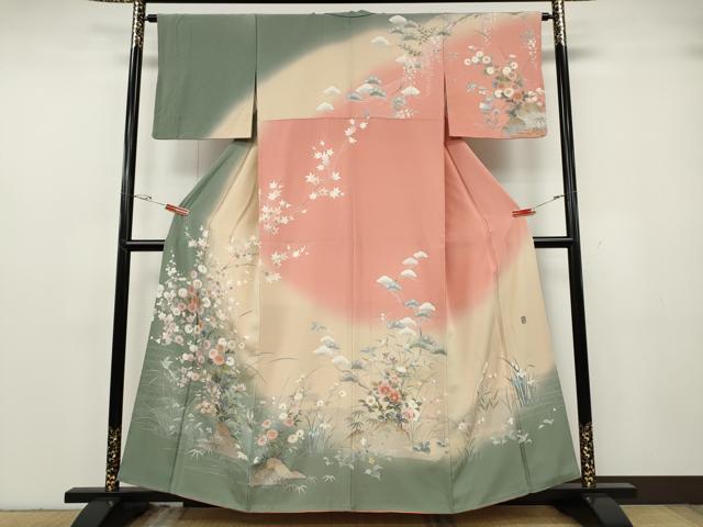 平和屋着物●十日町友禅作家 松雨 訪問着 流水飛鳥草花文 暈し染め 金銀彩 正絹 逸品 CABG5340ut