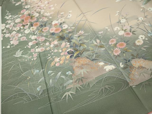 平和屋着物●十日町友禅作家 松雨 訪問着 流水飛鳥草花文 暈し染め 金銀彩 正絹 逸品 CABG5340ut