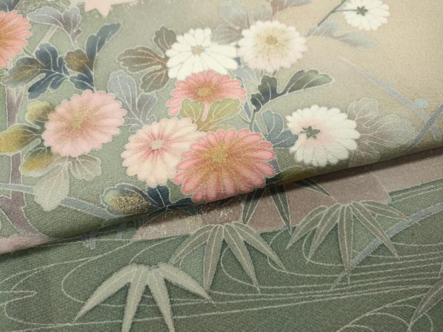 平和屋着物●十日町友禅作家 松雨 訪問着 流水飛鳥草花文 暈し染め 金銀彩 正絹 逸品 CABG5340ut