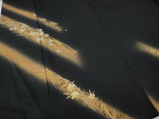 平和屋着物●訪問着 駒刺繍 蔦の葉花文 暈し染め 黒地 金彩 正絹 逸品 CABG5385ut