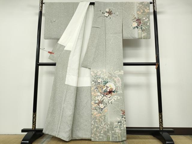 平和屋着物●訪問着 作家物 刺繍 茶道草花文 たたき染め 金彩 正絹 逸品 CABG5401ut