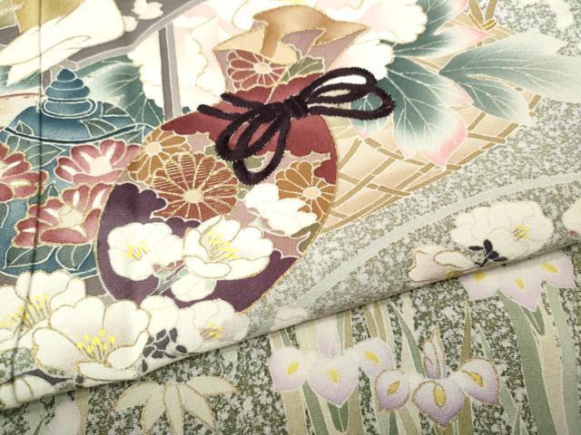 平和屋着物●訪問着 作家物 刺繍 茶道草花文 たたき染め 金彩 正絹 逸品 CABG5401ut