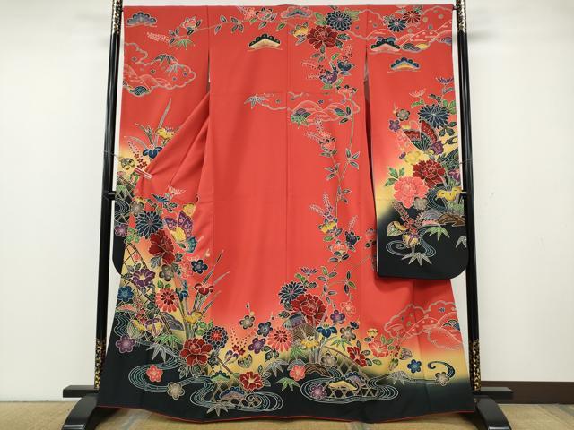 平和屋着物●豪華振袖 紅型 流水風景花文 暈し染め 正絹 逸品 CABG5428ut