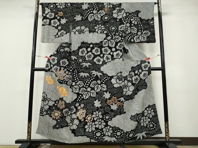 平和屋着物●訪問着 駒刺繍 絞り 雲取り草花文 黒地 正絹 逸品 CABG5432ut