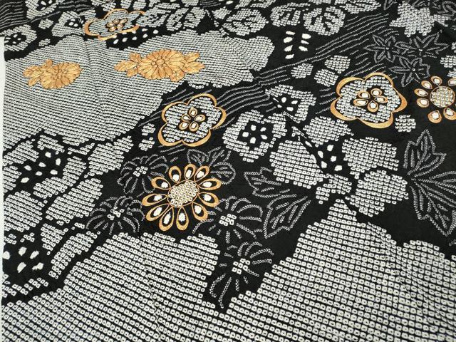 平和屋着物●訪問着 駒刺繍 絞り 雲取り草花文 黒地 正絹 逸品 CABG5432ut