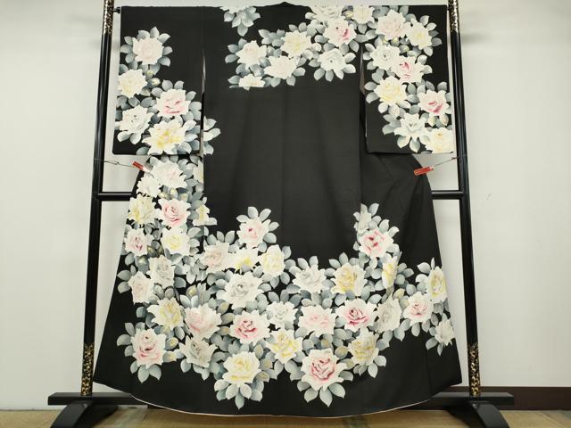 平和屋着物●訪問着 薔薇 黒地 金銀彩 正絹 逸品 CABG5476ut