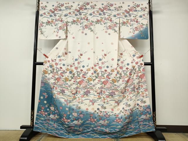 平和屋着物●訪問着 型染め 流水風景花蝶文 暈し染め 正絹 逸品 CABG5492ut
