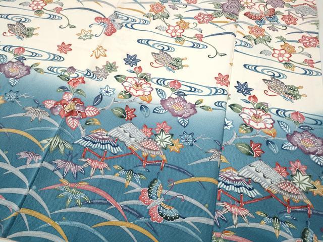 平和屋着物●訪問着 型染め 流水風景花蝶文 暈し染め 正絹 逸品 CABG5492ut
