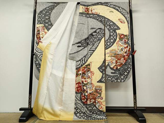 平和屋着物●豪華振袖 絞り 几帳貝桶飛鶴花文 金銀彩 正絹 逸品 CABG5494ut