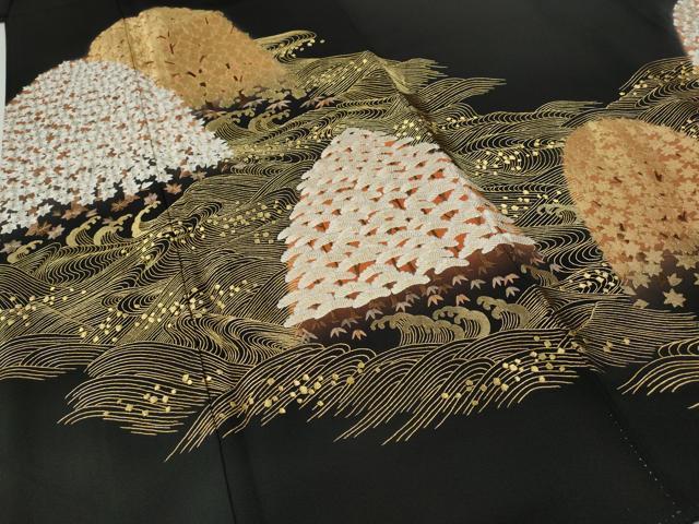 平和屋着物●豪華黒留袖 総刺繍 立波草花文 金糸 正絹 逸品 CABG5497ut