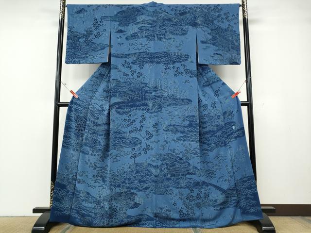 平和屋着物●訪問着 藍 風景草花文 鬼しぼ縮緬 正絹 逸品 CABG5531ut