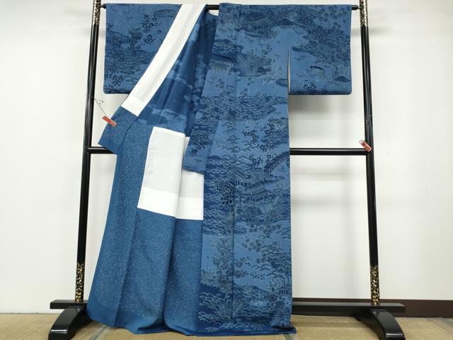 平和屋着物●訪問着 藍 風景草花文 鬼しぼ縮緬 正絹 逸品 CABG5531ut