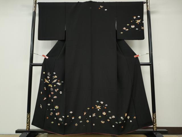 平和屋着物●訪問着 総刺繍 飛鶴宝尽くし文 黒地 金糸 正絹 逸品 CABG5543ut