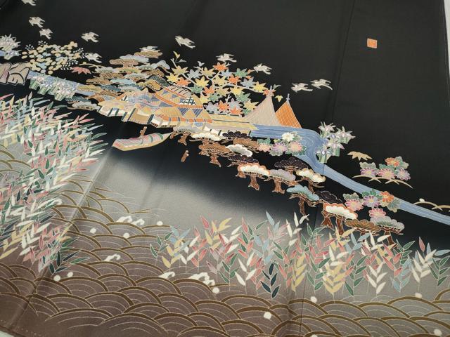 平和屋着物●本加賀友禅作家 宮本則子 黒留袖 風景飛鳥花文 正絹 逸品 CABG5548ut