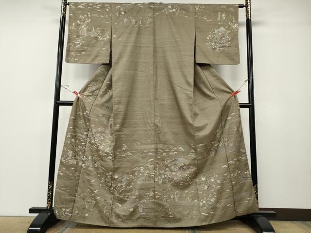 平和屋着物●中国三大刺繍 相良刺繍 総刺繍 訪問着 紬地 流水風景草花文 正絹 逸品 CABG5549ut