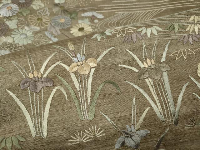 平和屋着物●中国三大刺繍 相良刺繍 総刺繍 訪問着 紬地 流水風景草花文 正絹 逸品 CABG5549ut