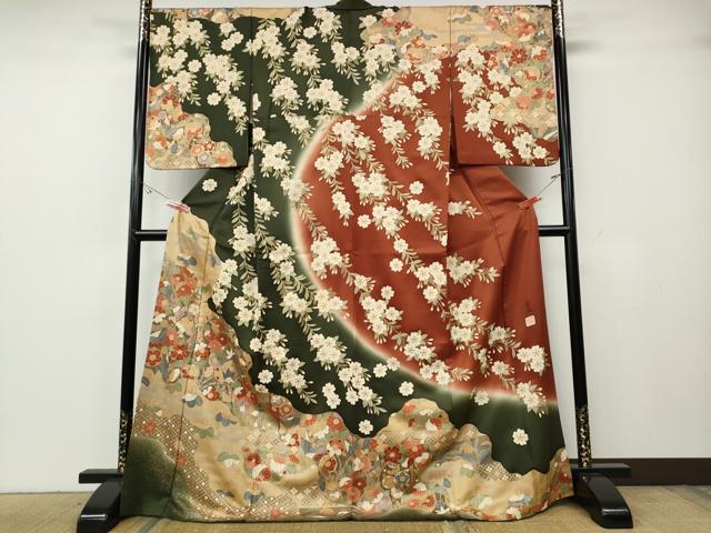 平和屋着物●英王室献上友禅作家 木下勝功 訪問着 駒刺繍 道長草花文 暈し染め 金彩 ロング丈 正絹 逸品 CABG5550ut