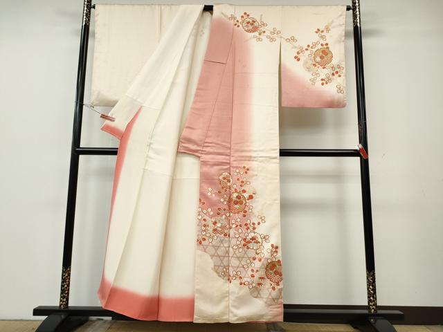 平和屋着物●十日町老舗ブランド 吉澤友禅 吾妻徳穂 訪問着 刺繍 雪輪草花文 暈し染め 金彩 正絹 逸品 CABG5559ut