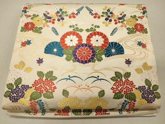 平和屋着物◎六通柄袋帯 唐織 流水草花文 金糸 正絹 逸品 CABG5826oy