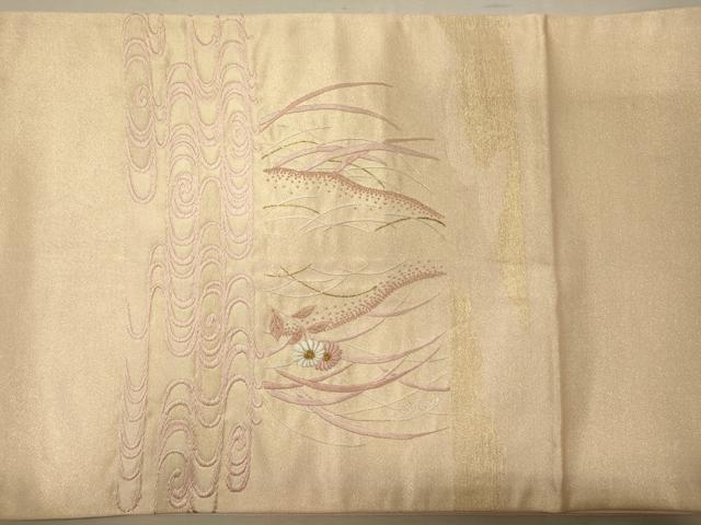 平和屋着物◎太鼓柄袋帯 刺繍 流水芝花鳥文 金糸 正絹 逸品 CABG5842oy